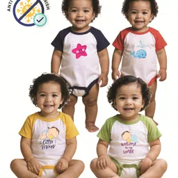 COCOON ORGANICS 100% Cotton Knit Pack Of 4 Half Sleeves Star & Text Printed Onesies - White-picture-16