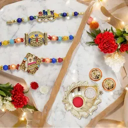 MEIRA JEWELLERY 3-Pcs Kundan Studded Thread Rakhi With Greeting Card & Roli Chawal-picture-22