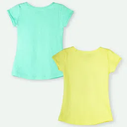 Ariel Cotton Knit Pack Of 2 Half Sleeves Unicorn & Typography Printed Tops - Green & Yellow image 3