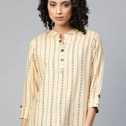 Jyoti Women Geometric Printed Mandarin Collar Roll-Up Sleeves Shirt Style Top-image-28