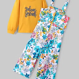 ollington st. Ollington St.100% Cotton Printed Dungaree & Full Sleeves Inner Top - Multicolour & Yellow image 4