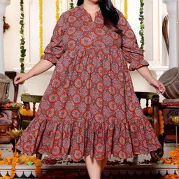 Swasti Women Ethnic Motifs Print Cotton Fit & Flare Plus Size Midi Dress-image-15