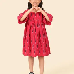 Fabindia Girls Ethnic Motifs Bell Sleeve Fit & Flare Dress-image-53