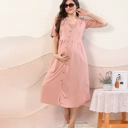 EASY MOM Women Cotton Maternity Fit & Flare Midi Dress-picture-28