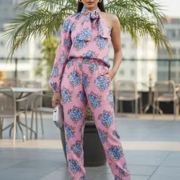 HIGH BUY Women Floral Printed One Shoulder Long Sleeves Top & Trousers Co-Ords Set-image-13