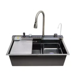 LIPKA WATERFALL Kitchen Sink 750x450x215 mm Matte Finish Stainless Steel Single Bowl, HMSB16PN-BLACK-304-picture-11