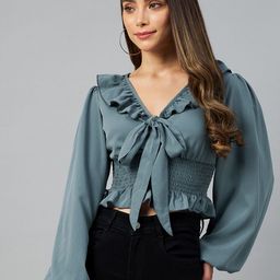 plusS Blue Solid Tie-Up Neck Ruffles Smocked Crop Top-picture-5