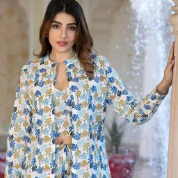 KALINI Printed V-Neck Pure Cotton Top With Jacket & Trouser image 5