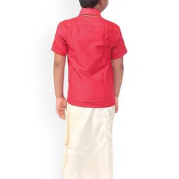 Thala-thalapathy Boys Red & Off-White Solid Shirt with Veshti & Towel With Gift Set image 3