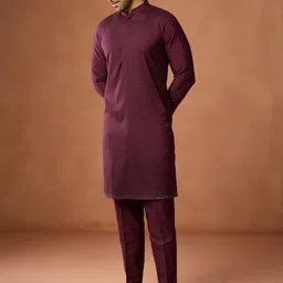 KISAH Men Wine Maroon Silk Blend Sequin Festive & Wedding Ethnic Wear Kurta Trouser Set-image-55