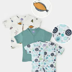 Mi Arcus  Cotton Half Sleeves Fishes & Abstract Print Tees Pack of 3 Green White-picture-17