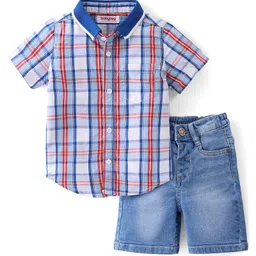 Babyhug Cotton Knit Half Sleeves Regular Collar Checkered Shirt & Denim Shorts Set - Multicolor-picture-13