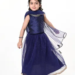 Babyhug Dobby Sleeveless Embroidered Choli With Shimmer Lehenga & Dupatta Set - Navy Blue-picture-10