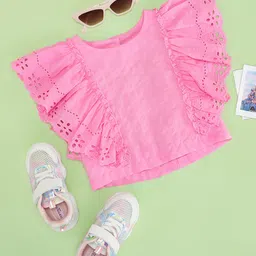 Pantaloons Junior Cotton Sleeveless Frill Detailed Sciffli Embroidered Top - Pink-image-92