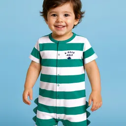 Babyoye 100% Cotton Knit Half Sleeves Rompers with Stripes & A-Roarable Text Print with Dino Tail Applique - Dark Green & White-picture-26