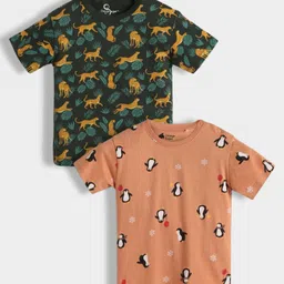 Orange Sugar 100% Cotton Knit Pack Of 2 Half Sleeves Animal Printed Tees - Dark Green & Brown-picture-35