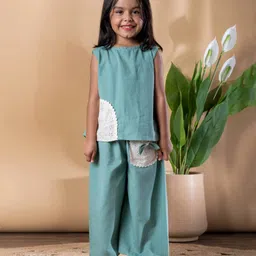 READIPRINT Cotton Blend Woven Sleeveless Schiffli Embroidered Top & Palazzo Set - Green-picture-16