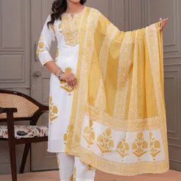 EtnicaWear Women Ethnic Motifs Printed Pure Cotton Kurta with Trouser & Dupatta-picture-50