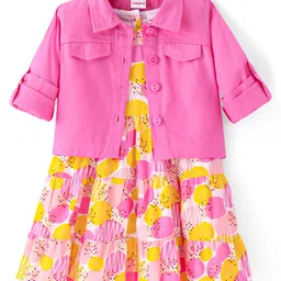 Babyhug Cotton Woven Polka Dots Printed TieredFrock with Full Sleeves Denim Jacket- Dark Pink image 2
