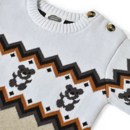 Mi Arcus Full Sleeves Zig Zag Pattern & Teddy Bear Designed Colour Blocked Cotton Sweater - White image 4