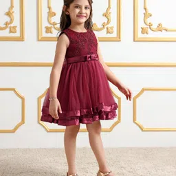 Mark & Mia Sleeveless Frock With Floral Embroidery - Maroon image 3