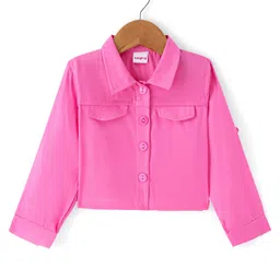 Babyhug Cotton Woven Polka Dots Printed TieredFrock with Full Sleeves Denim Jacket- Dark Pink image 3