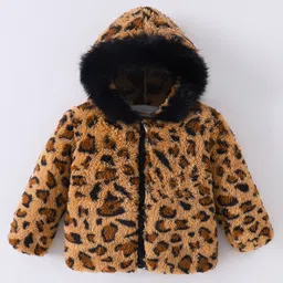 Kookie Kids Full Sleeves Hooded Fur Jacket With Cheetah Print Design - Brown image 3