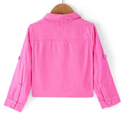 Babyhug Cotton Woven Polka Dots Printed TieredFrock with Full Sleeves Denim Jacket- Dark Pink image 4