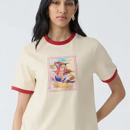 The Souled Store Women Printed Drop-Shoulder Sleeves Applique T-shirt image 4