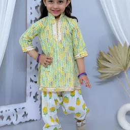 JUNITOS Girls Ethnic Motifs Printed Regular Gotta Patti Pure Cotton Kurti with Patiala-picture-16