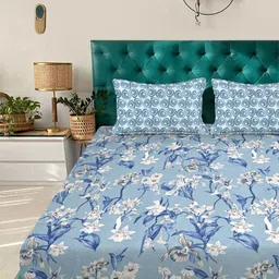 Aura Blue & White Floral Printed Fitted 300 TC King Bedsheet Set 2.50 m x 2.25 m-picture-36