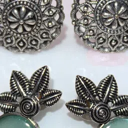 Jolly Faces Set Of 2 Artificial Stones Studded Circular Oxidised Studs image 2