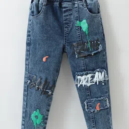 Kookie Kids Full Length Washed Denim Jeans with Cut & Sew Design & Text Print - Blue-image-40