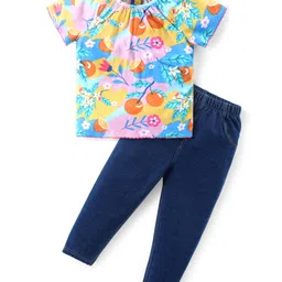 Babyhug Cotton Knit Half Sleeves Top & Jeans Set With Floral Print - Multicolor-image-46