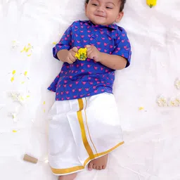 KID1 Cotton Half Sleeves Birds Printed Shirt & Mundu Lungi Set - Blue-image-63