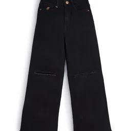 Knit N Knot Denim Distressed Wide Leg High Waist Jeans - Black-image-56