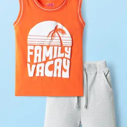 Babyhug Single Jersey Knit Sleeveless Tank T-Shirt & Shorts Set with Beach Theme Print - Orange & Light Grey-picture-15