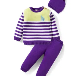 Babyhug Organic Cotton Knit Full Sleeves Striped Pullover Sweater Set with Cap & Embroidery - Purple-picture-28