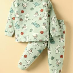 CUCUMBER Sinker Knit Full Sleeves Dino Printed Co-Ords Night Suit - Light Green-picture-44