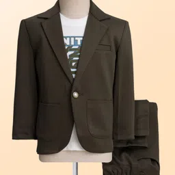 Rikidoos Full Sleeves Textured Blazer With Typography Printed Tee & Pant Set - Olive & White-picture-28