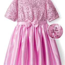 Hola Bonita Satin Woven Half Sleeves Party Dress with Sequins & Bow Applique - Pink-image-95