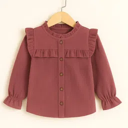 Aww Hunnie Corduroy Woven Full Peasant Sleeves Frill Detailed Ribbed Top - Rust-picture-24