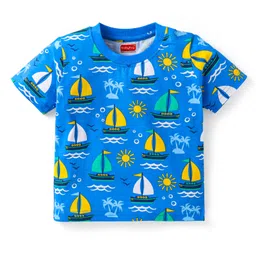 Babyhug Cotton Knit Half Sleeves Shorts Night Suit With Beach Theme Print - Blue image 2