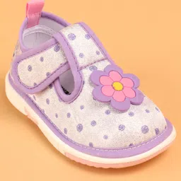 Cute Walk by Babyhug Velcro Closure Casual Shoes With Polka Dot Print & Flower Applique - Purple image 3
