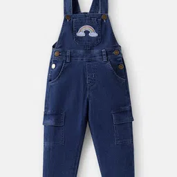 Babyhug Single Jersey Knit Half Cap Sleeves Top & Dungaree with Rainbow Print & Embroidery - White & Blue image 5