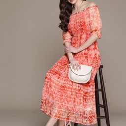 Label Ritu Kumar Print Off-Shoulder Puff Sleeves Chiffon Fit & Flare Midi Dress-picture-36
