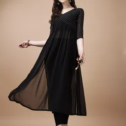 Glomee Floral Yoke Design Thread Work Georgette A-Line Kurta-picture-21