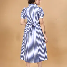 QENA Striped Puff Sleeve A-Line Midi Dress image 3