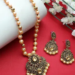 Anouk Gold-Plated Artificial Stone Studded & Beaded Necklace And Earrings-picture-10