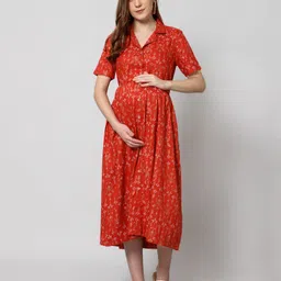 Zelena Half Sleeves Ikat Style Designed Maternity Dress With Zip Less Feeding Access - Red-picture-25